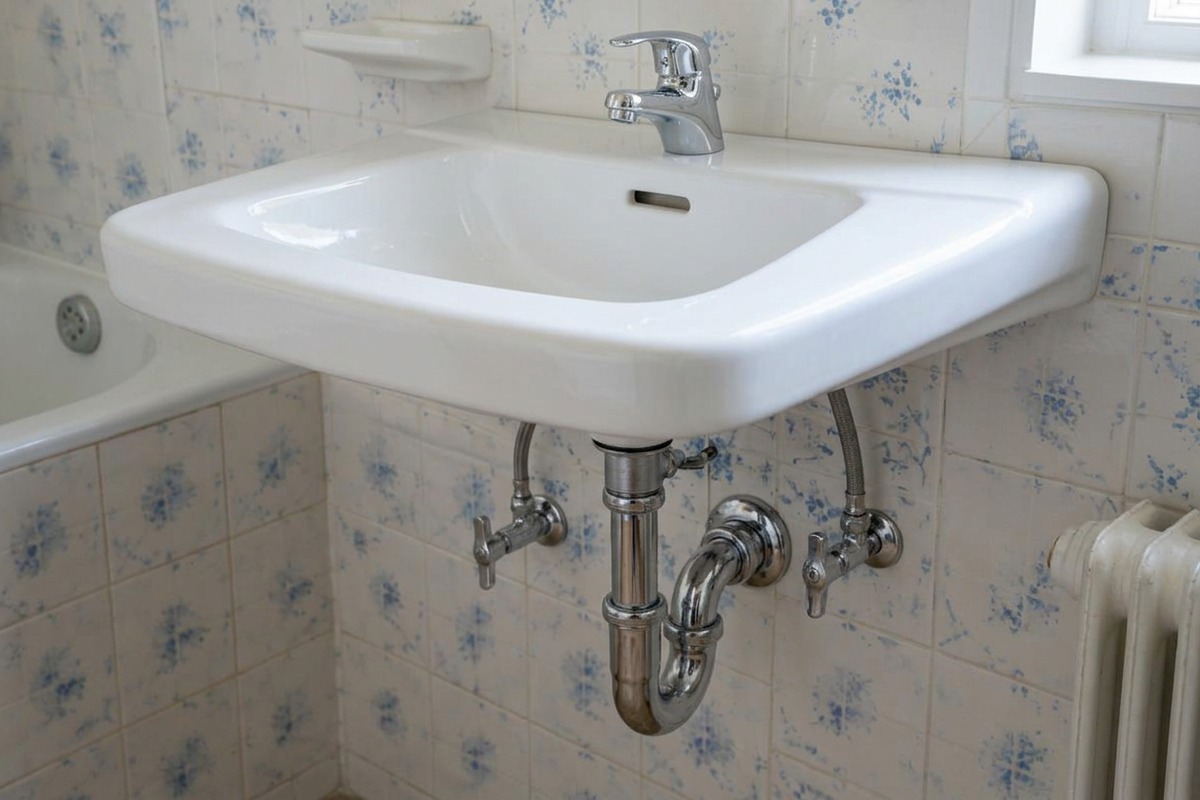 Altes verkalktes Waschbecken mit korrodiertem Siphon / neu montiertes Waschbecken nach der fachgerechten Ausführung