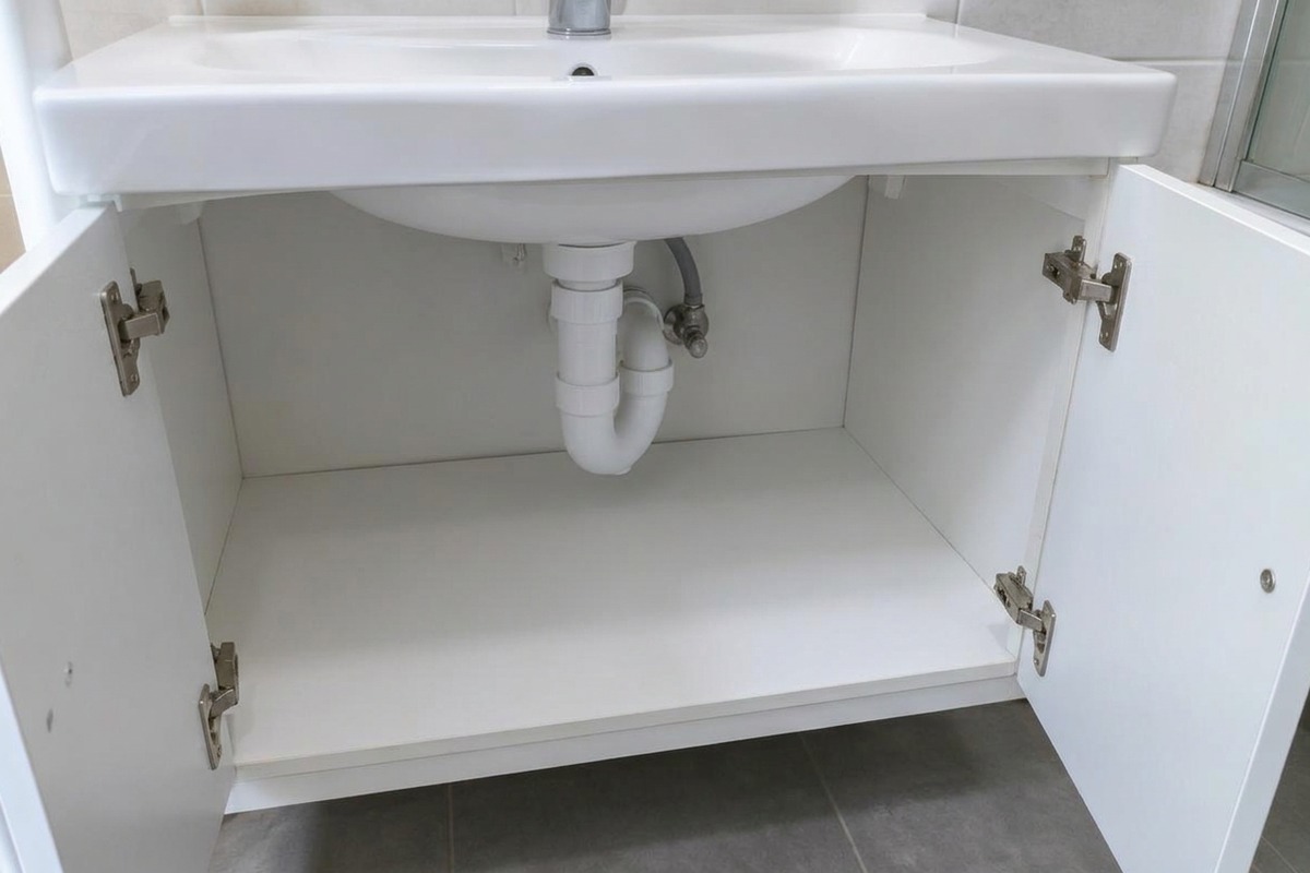 Waschtischunterbau mit Feuchtigkeitsspuren / trockener, neu abgedichteter Unterbau nach der fachgerechten Ausführung