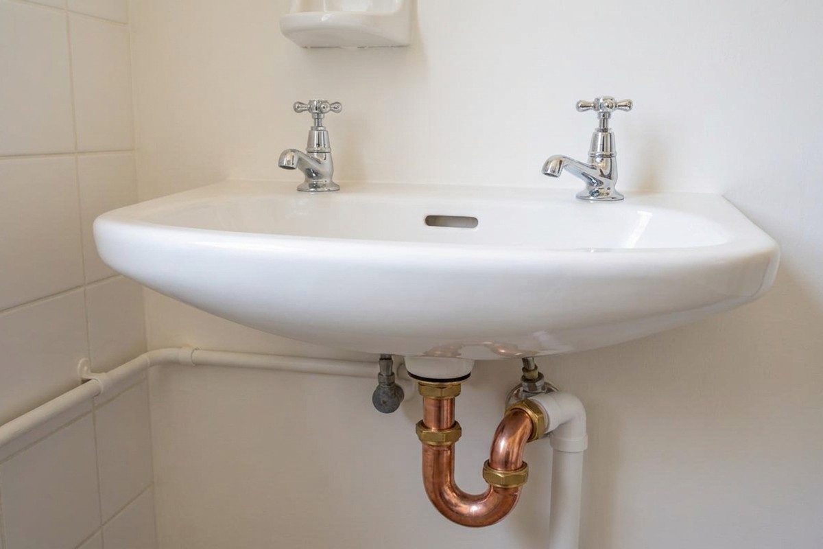 Neu montiertes Waschbecken mit neuem Siphon