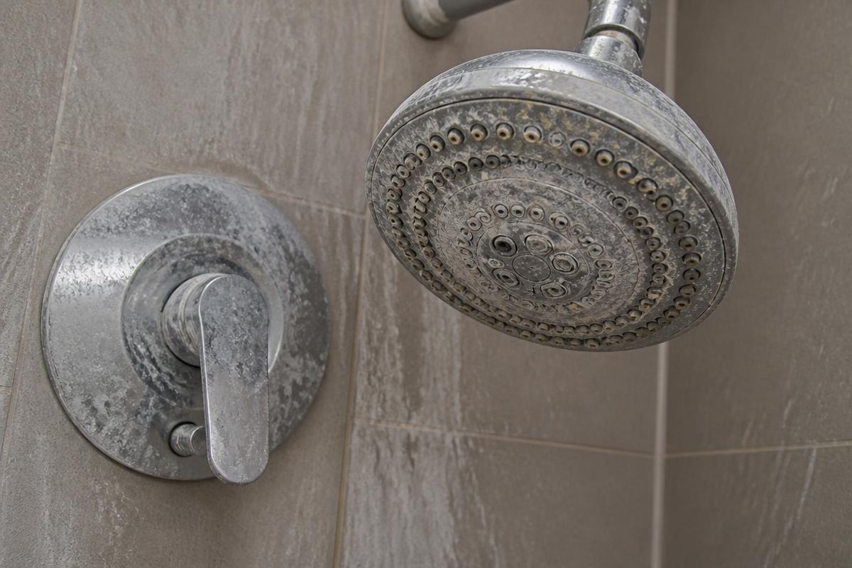 Stark verkalkter Duschkopf und verkalkte Armatur in einer Dusche