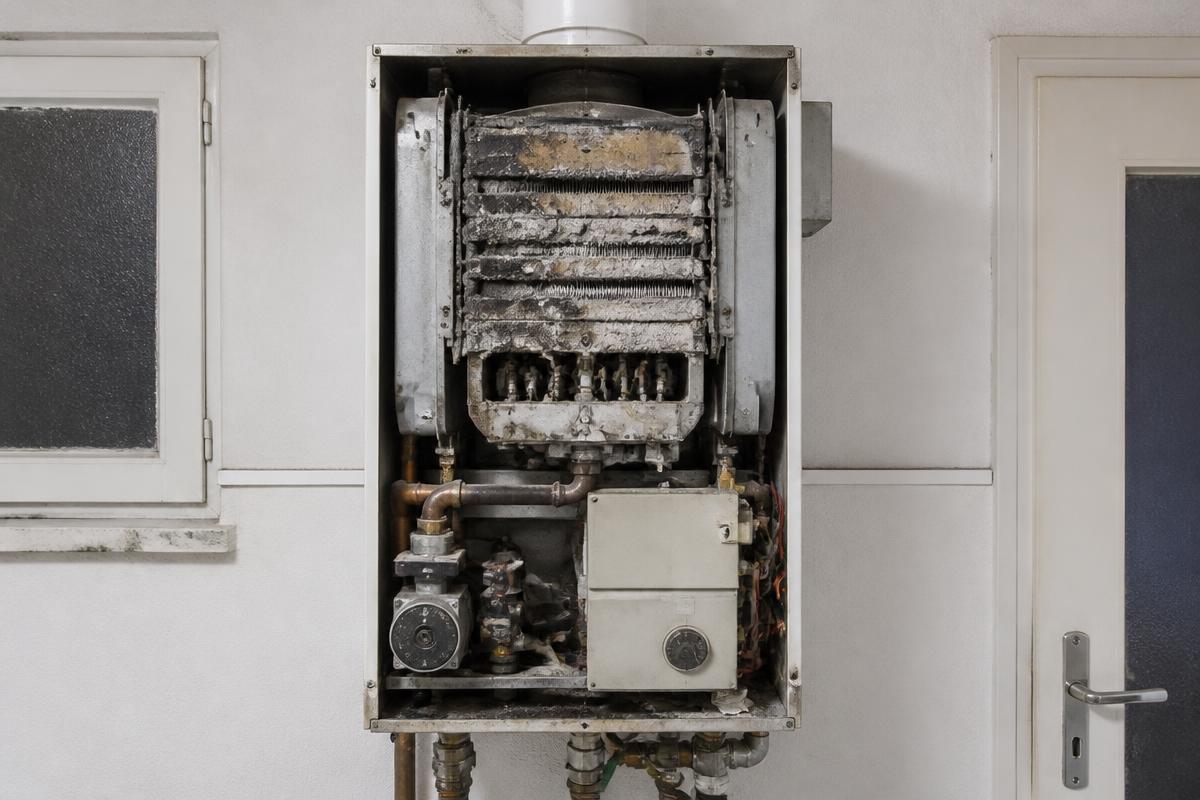 Alte geöffnete Gastherme mit Kalk-, Schmutz- und Rußspuren