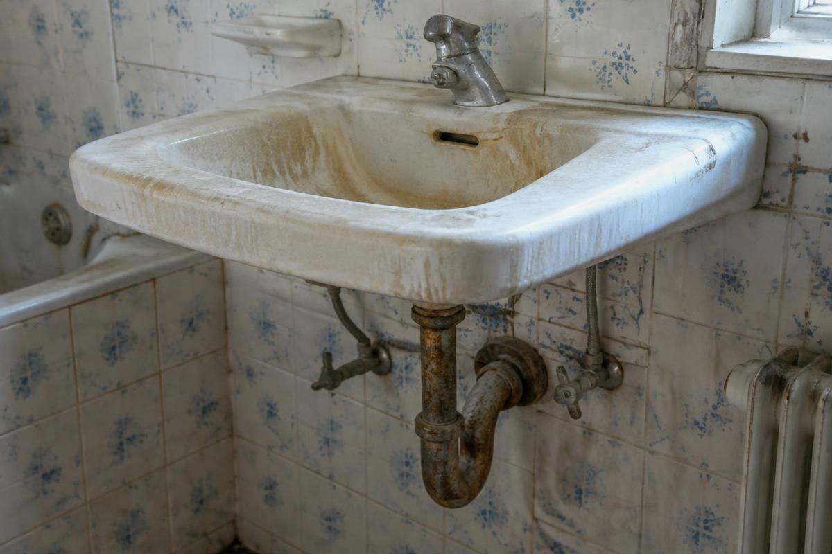 Altes verkalktes Waschbecken mit korrodiertem Siphon / neu montiertes Waschbecken vor der fachgerechten Ausführung