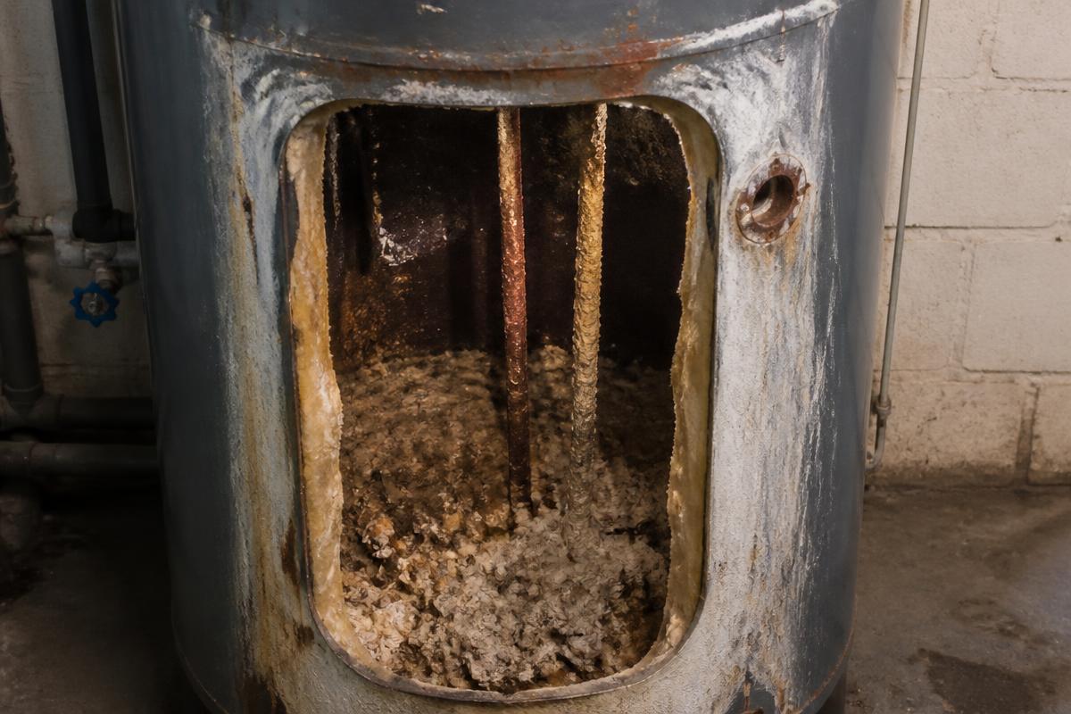 Verschmutzter Warmwasserspeicher mit Kalkablagerungen
