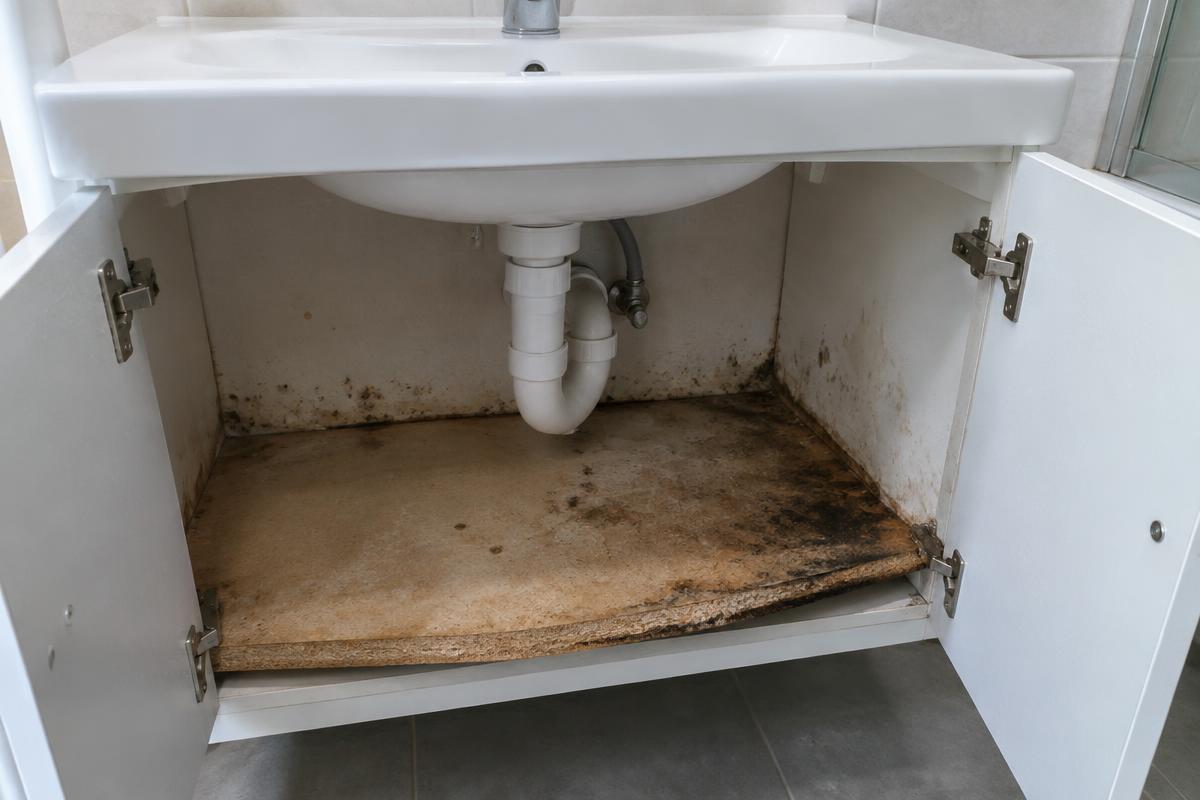 Waschtischunterbau mit Feuchtigkeitsspuren / trockener, neu abgedichteter Unterbau vor der fachgerechten Ausführung